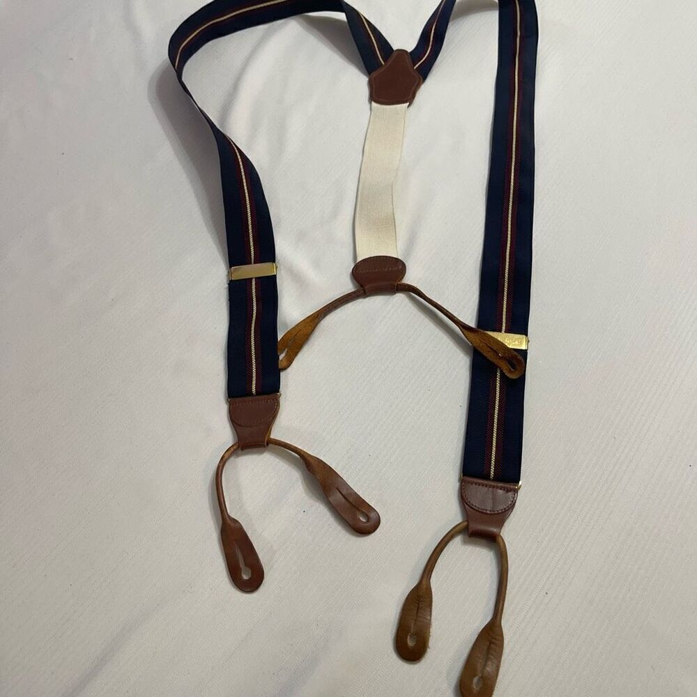 Dooney & Bourke Suspenders Braces Leather Brass Made In England Vintage Striped